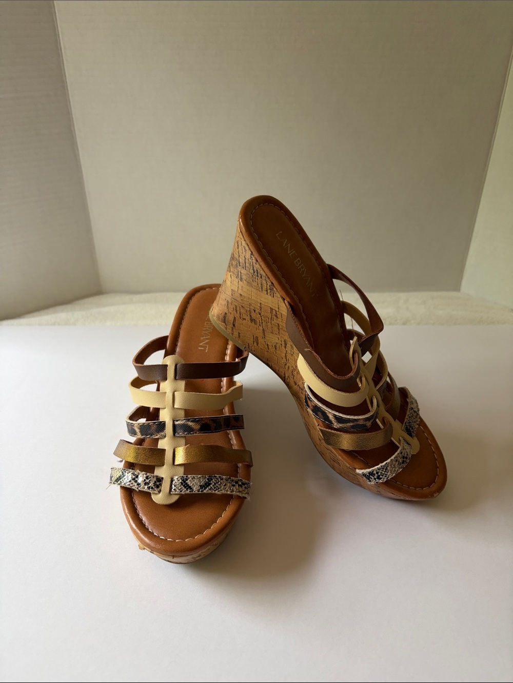 Lane Bryant Cork Wedge Slide Sandals in Tan with Animal Print Multi Straps 8W